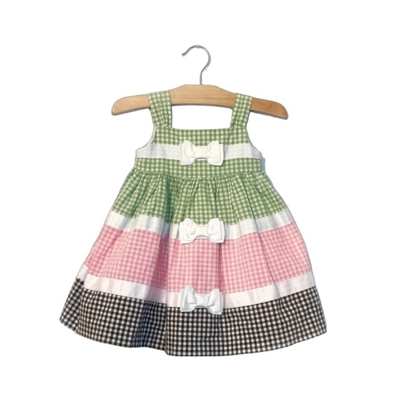 Crazy 8 Infant Girls Gingham Puffy Bow Dress, Multicolor Green/Pink size 3-6mo - Picture 1 of 6
